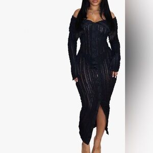 Black Long Sleeve Button-Front Sheer Knit Dress